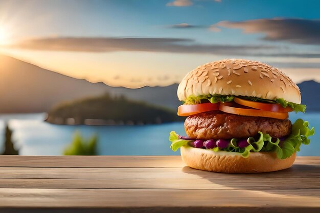 Ein Hamburger mit einem Sonnenuntergang im Hintergrund