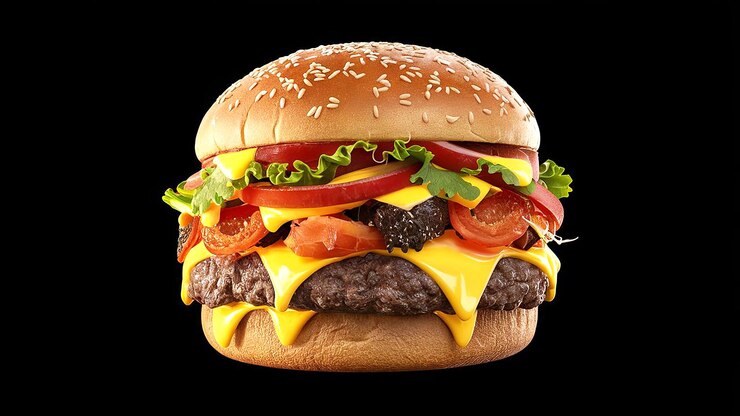 Ein Hamburger mit einem von schwarzem Hintergrund isolierten Käse