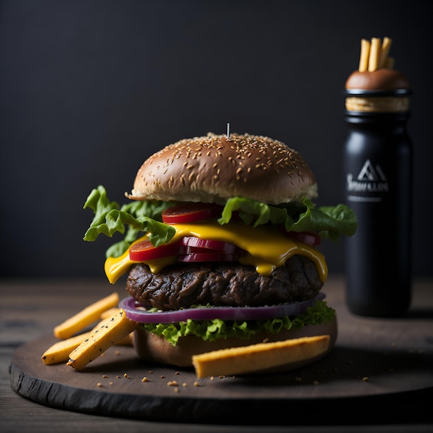 Ein Hamburger mit einer Beilage Pommes daneben