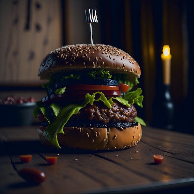 Ein Hamburger mit einer Gabel darin liegt auf einem Tisch.