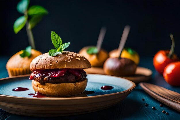 ein Hamburger mit einer Kirsche oben und einer Gabel neben ihm