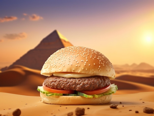 Ein Hamburger mit einer Pyramide im Hintergrund