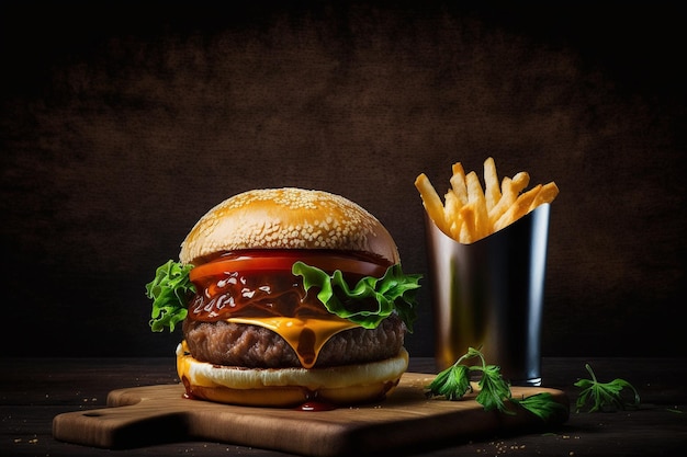 Ein Hamburger mit einer Tasse Pommes Frites an der Seite