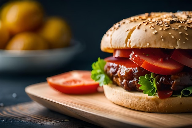 Ein Hamburger mit einer Tomate oben.