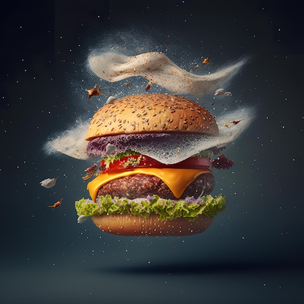 Ein Hamburger mit fliegenden Zutaten
