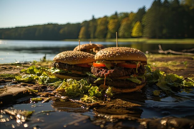 Foto ein hamburger mit guacamole in einem kaffeefeld eines seegolffeldes generative ia