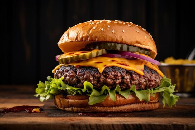 ein Hamburger mit Gurken und Gurken auf einem Holzbrett