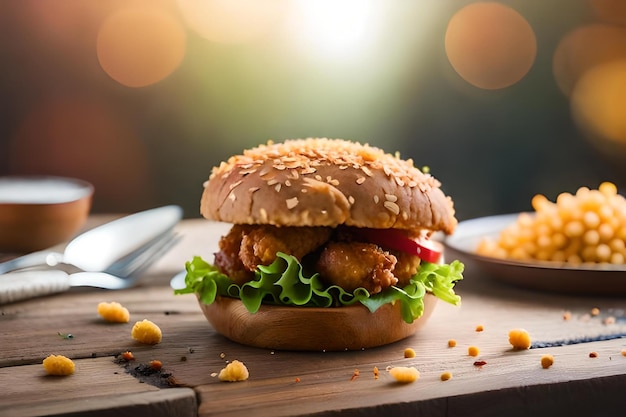 Ein Hamburger mit Huhn und Salat auf einem Holztisch.