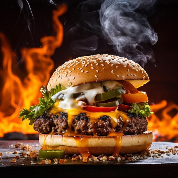 Foto ein hamburger mit käse, salat, tomaten und gurken