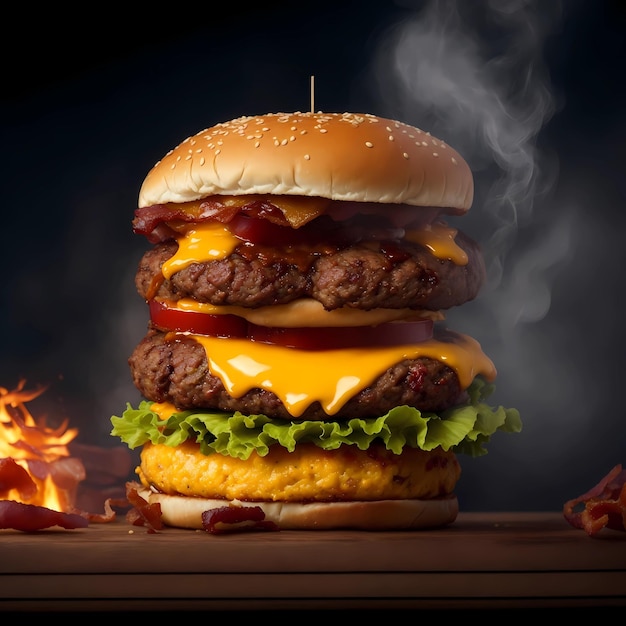 ein Hamburger mit Käse und ein Feuer im Hintergrund.