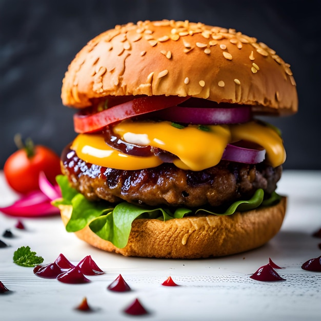 Ein Hamburger mit Käse und Gemüse darauf