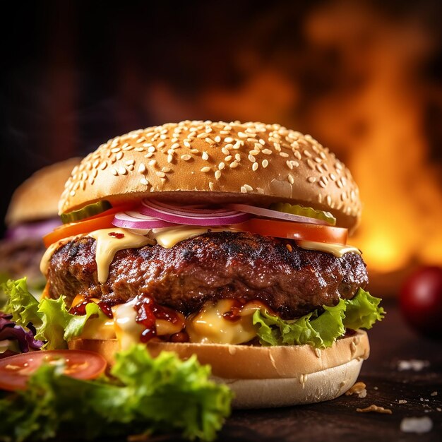 Ein Hamburger mit Käse und Tomaten liegt vor einem Feuer.