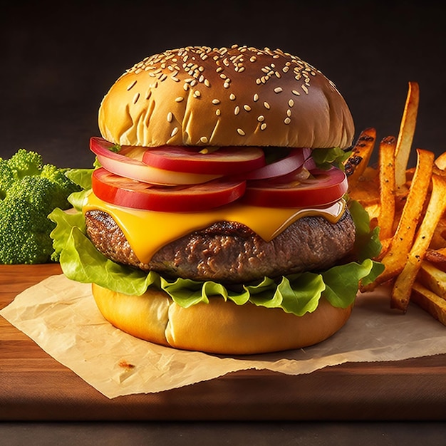 Ein Hamburger mit Pommes frites, Salat, Tomaten und Käse