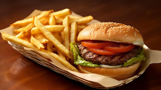 ein Hamburger mit Pommes frites und einer Tüte Pommes.