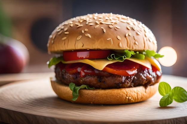 Ein Hamburger mit Salat, Tomate und Käse darauf