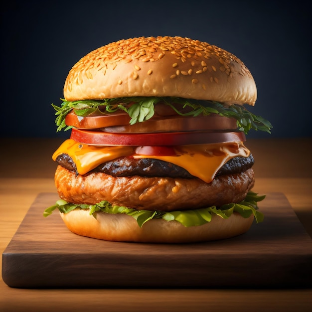 Ein Hamburger mit Salat, Tomate und Salat auf einem Holzbrett.