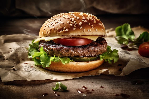 Ein Hamburger mit Salat, Tomate und Salat darauf