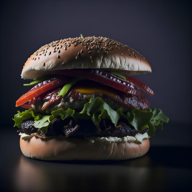 Ein Hamburger mit Salat, Tomate und Salat darauf.