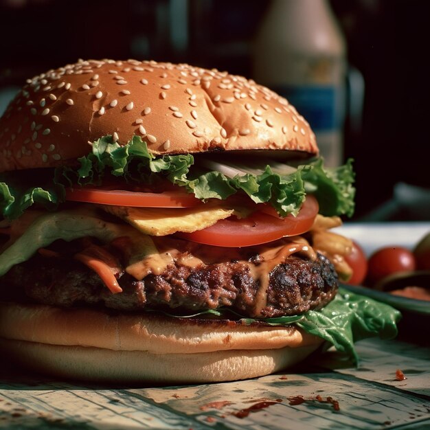 Ein Hamburger mit Salat, Tomate und Salat darauf.