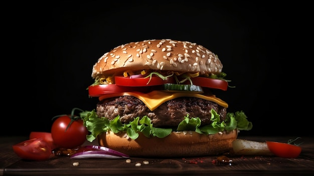 Ein Hamburger mit Salat, Tomaten und Zwiebeln auf einem Holztisch.