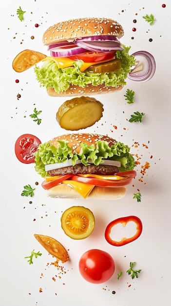 Foto ein hamburger mit salat, tomaten, zwiebeln und gurken.