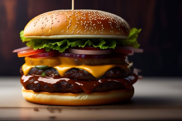 Ein Hamburger mit Salat, Zwiebeln und Tomaten darauf.