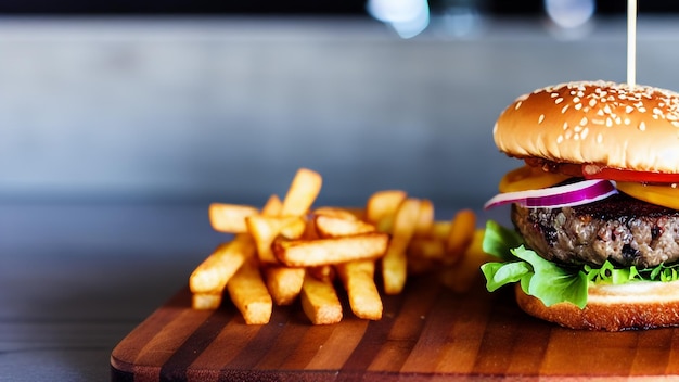 Ein Hamburger mit Salattomate und Pommes auf einem Holzbrett