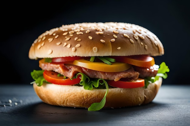 Ein Hamburger mit Speck, Tomaten und Salat auf dunklem Hintergrund.