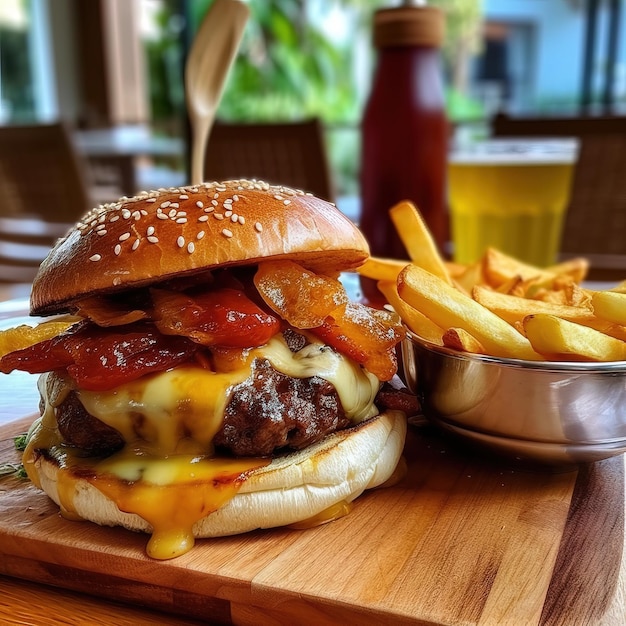 Ein Hamburger mit Speck und Pommes frites auf einem Holzbrett