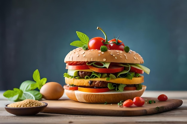 ein Hamburger mit Tomaten und einem Korb mit Eiern