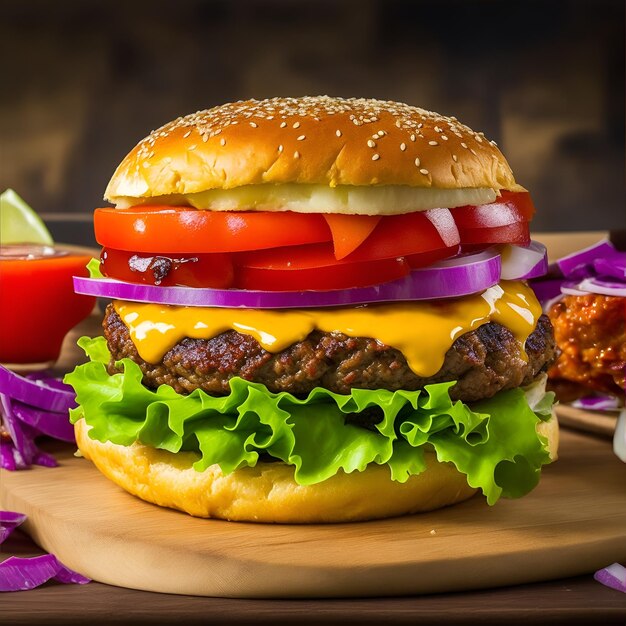 Foto ein hamburger mit zwiebeln und tomaten