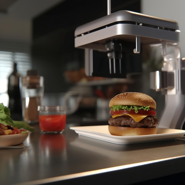 Ein Hamburger sitzt auf einem Teller neben einer Schüssel mit Essen.