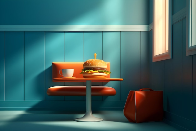 Ein Hamburger sitzt auf einem Tisch in einem blauen Raum.