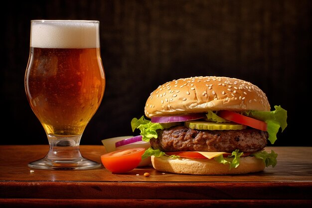 Ein Hamburger sitzt neben einem Glas Bier.