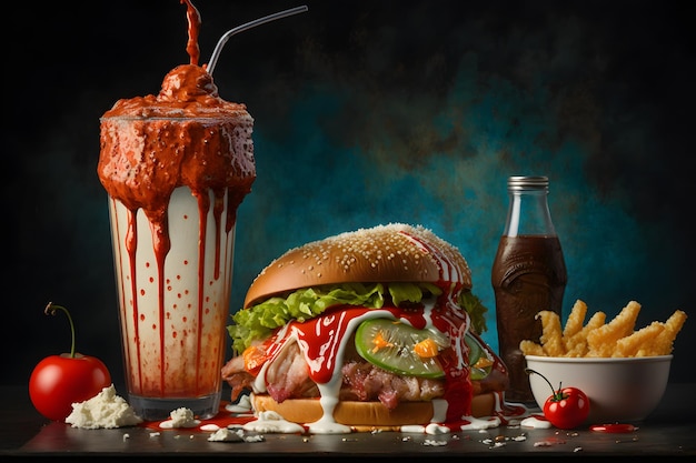 Ein Hamburger und ein Milchshake stehen auf einem Tisch mit einer Flasche Ketchup und einem Glas Ketchup.