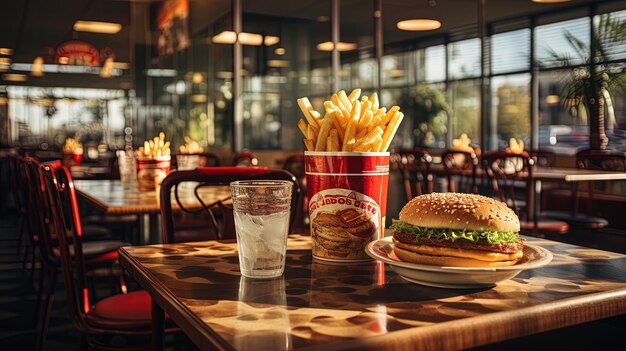 Foto ein hamburger und eine tasse eiswasser stehen auf einem tisch