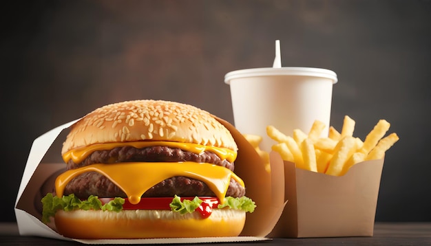 Ein Hamburger und eine Tasse Pommes Frites