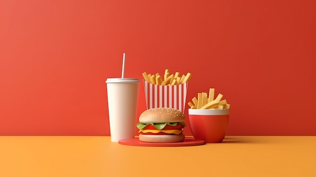 Ein Hamburger und Pommes an einem roten Tisch mit einer Tasse Soda.