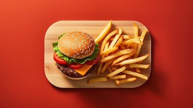 Ein Hamburger und Pommes auf einem Tablett mit rotem Hintergrund.