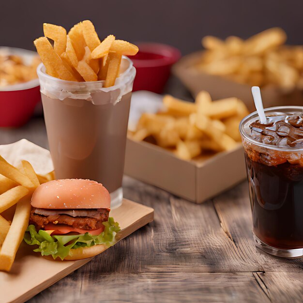 ein Hamburger und Pommes Frites stehen auf einem Tisch mit einem Getränk in einem Plastikbecher