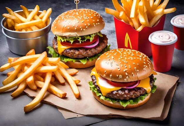 Foto ein hamburger und pommes frites stehen auf einem tisch mit einer tasse soda