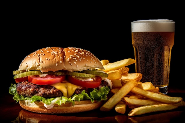 Ein Hamburger und Pommes neben einem Glas Bier