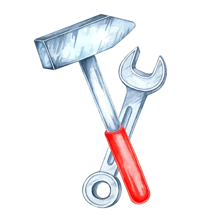 Foto ein hammer mit einem silbernen kopf und einem roten griff zusammen mit einem metallschlüssel handgemaltes aquarell-clipart