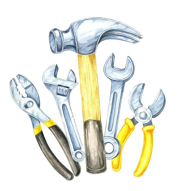 Foto ein hammer mit holzgriff, silberschlüssel und zangen, handgemalte aquarell-illustration, perfekt für den katalog für heimwerker