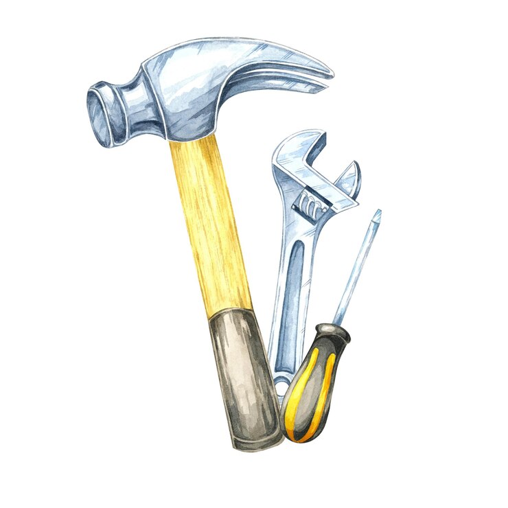 Foto ein hammer-schraubenzieher und ein verstellbarer schraubenschlüssel illustration handgemalte hardware aquarell clipart