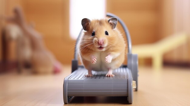 Foto ein hamster auf einem mini-laufband, als ob er trainiert