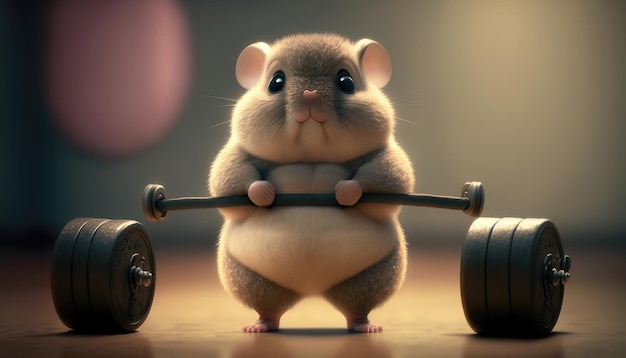 Ein Hamster, der ein Gewicht mit einer großen schwarzen Langhantel hebt.