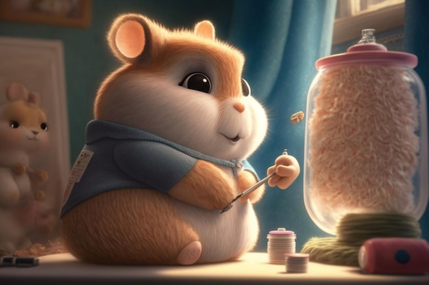 Ein Hamster im blauen Hemd bemalt ein Glas mit Essen.