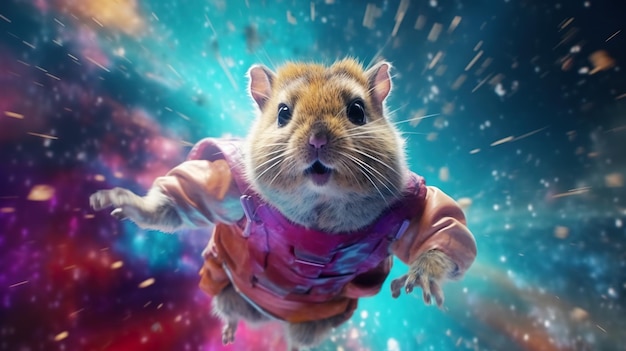 Ein Hamster in einem Raumanzug fliegt durch die Luft. Generatives KI-Bild