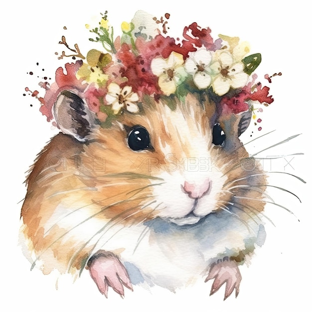 Ein Hamster mit einem Blumenkranz